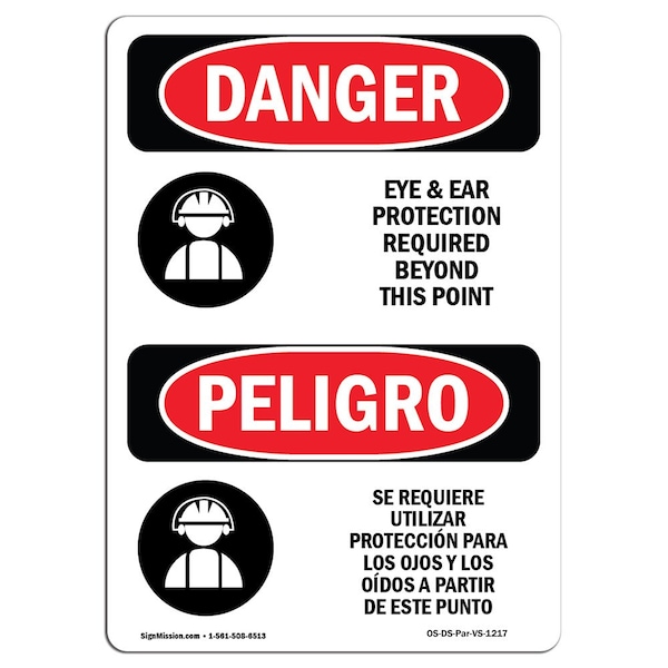 OSHA, Eye And Ear Protection Required Bilingual, 5in X 3.5in Decal, 10PK, OS-DS-D-35-VS-1217-10PK